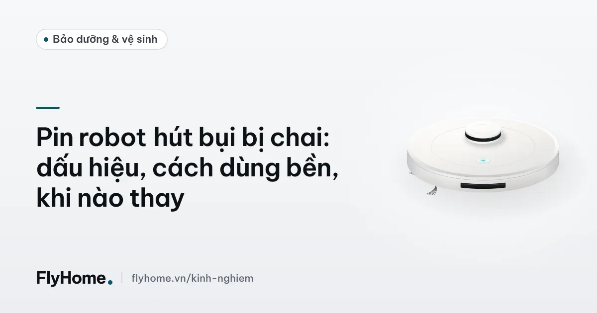 Robot hút bụi nằm trên đế sạc, màn hình app hiển thị mức pin còn thấp
